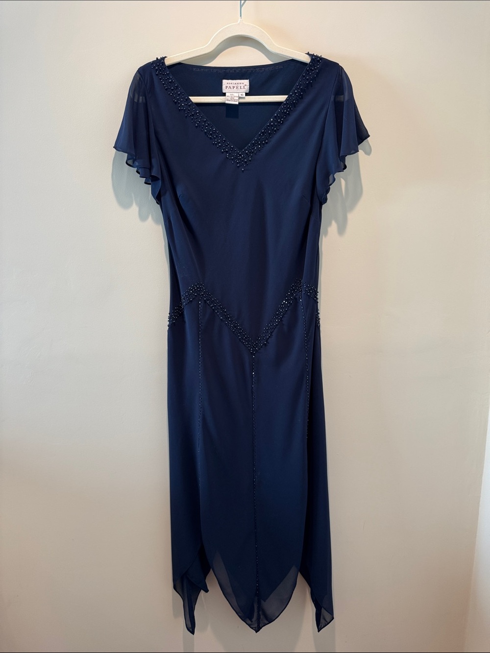 Gorgeous Y2K Fairy Navy Beaded V-Neck Evening Dress with Flutter Sleeves